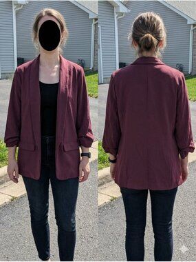 Candie's Women's XL Blazer Jacket Burgundy Ruched 3/4 Sleeve Open Front Lined XL